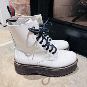 Retro White Leather Combat Boots